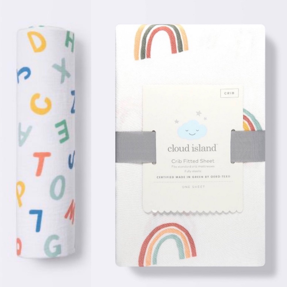 Cloud island neutral rainbow crib sheet and alphabet Muslin blanket for baby